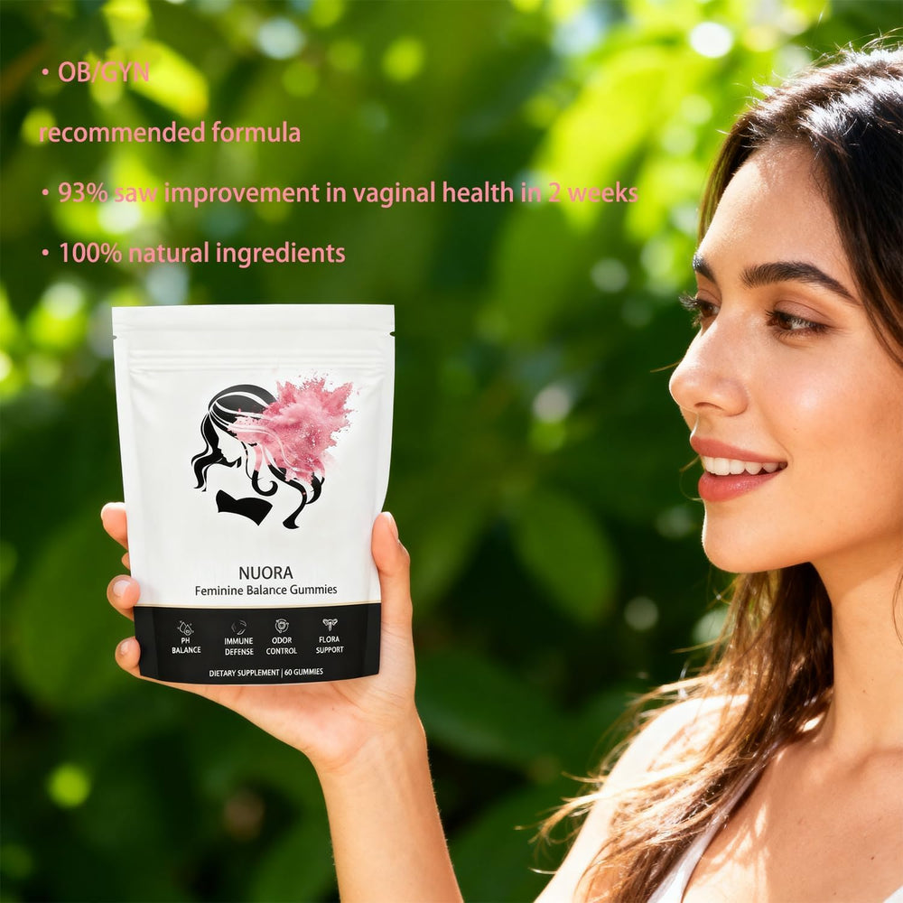 Two gummies with water in daily-use routine by Nuora for gentle consistency.
