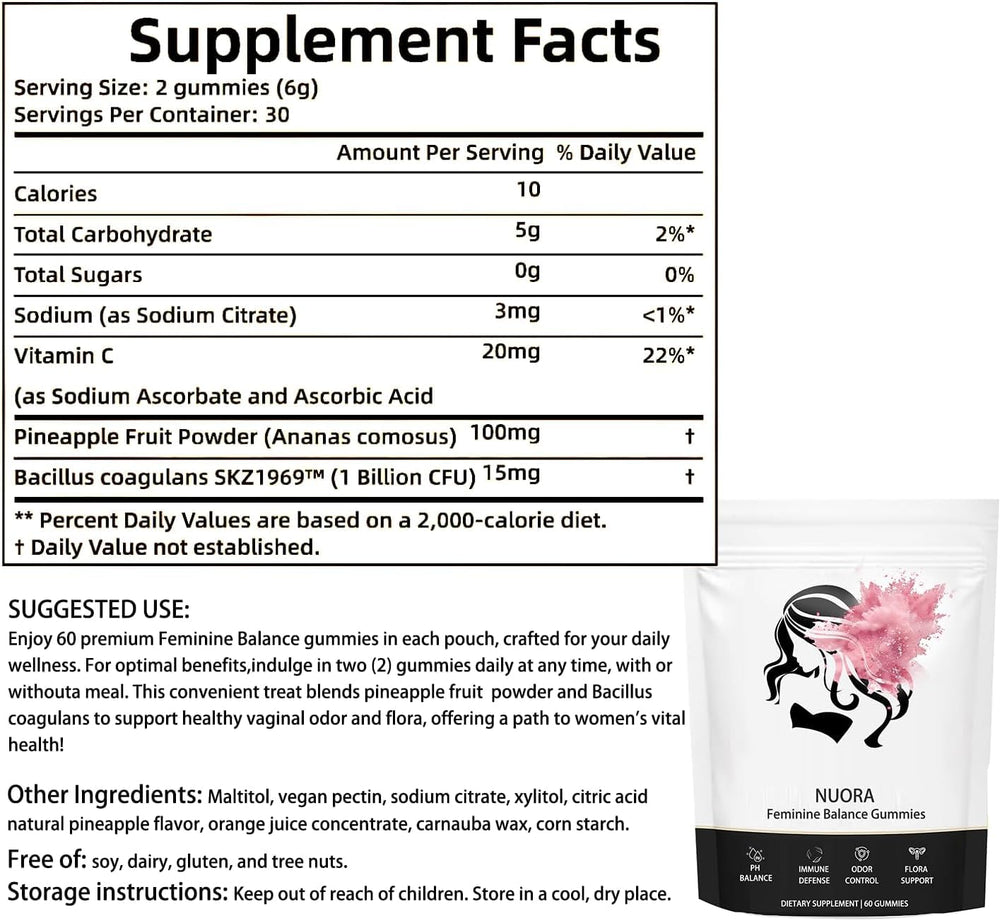 Nuora label showing vegan, sugar-free, gluten-free badges and clean ingredients.