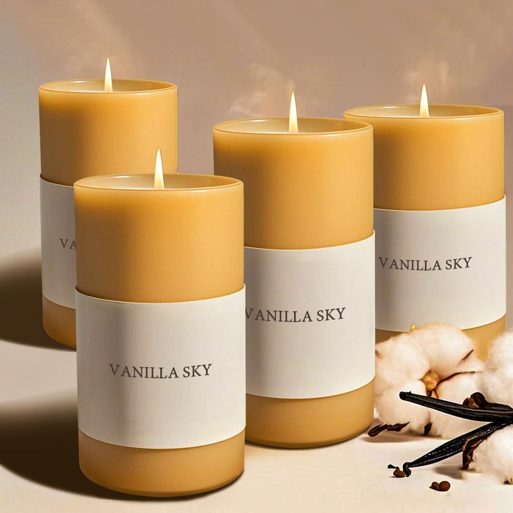 NUOREEL Vanilla Sky beeswax pillar candle fills room with warmth