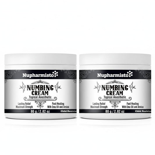Nupharmisto numbing cream jar (160g) shows strong, long-lasting relief.