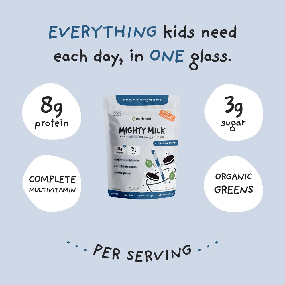 Nurished Cookies Cream Mighty Milk packaging on shelf communicates organic ingredients