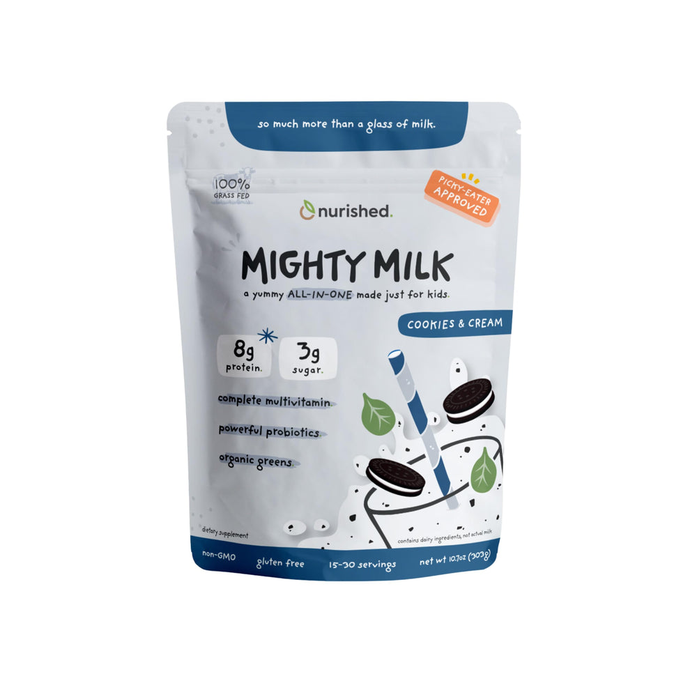 Nurished Cookies Cream Mighty Milk tub closeup highlights protein-rich daily nutrition for kids