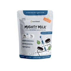 Nurished Cookies Cream Mighty Milk tub closeup highlights protein-rich daily nutrition for kids
