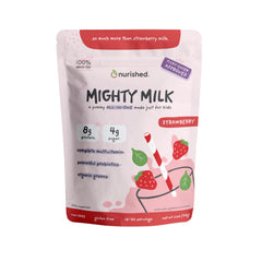 Nurished Mighty Strawberry Milk bottle pour for kid-friendly daily nutrition.