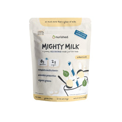 Nurished Vanilla Mighty Milk tub front view for kids' daily nutrition.