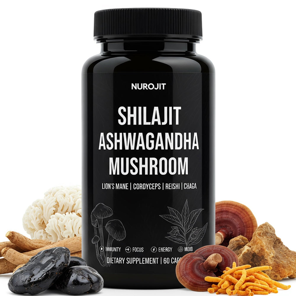 NuroJit Shilajit Ashwagandha Mushroom Capsules bottle front for daily balance.