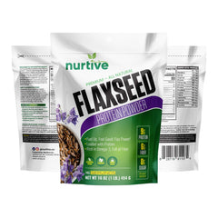 NURTIVE flaxseed protein powder non-GMO stamp emphasizes clean ingredients.