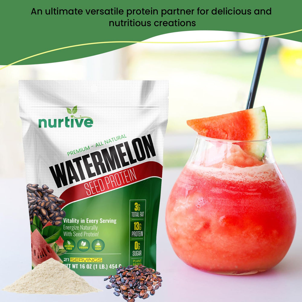 NURTIVE Watermelon Seed Protein powder scoop above smoothie bowl