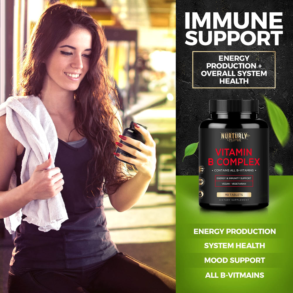NURTURLY Vitamin B Complex front label close-up with easy-to-read supplement facts.