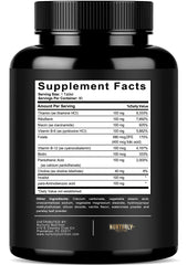 NURTURLY Vitamin B Complex packaging display with USA-made quality note.