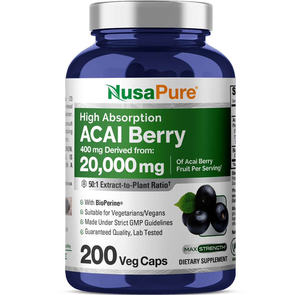 NusaPure Acai Berry 50:1 Extract bottle with 200 vegan capsules for daily antioxidant support