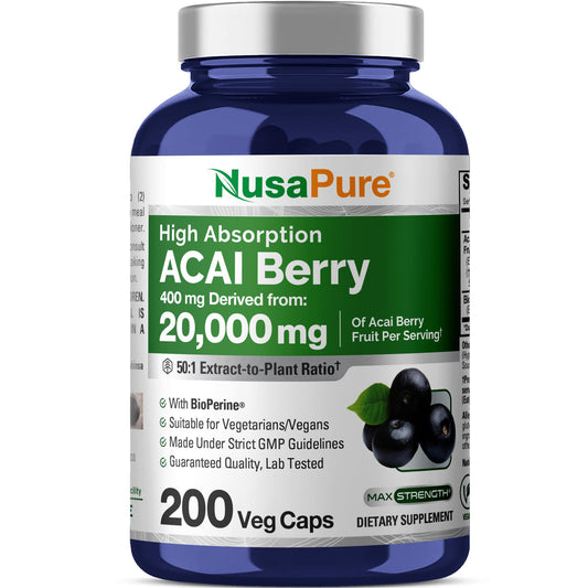 NusaPure Acai Berry 50:1 Extract bottle with 200 vegan capsules for daily antioxidant support