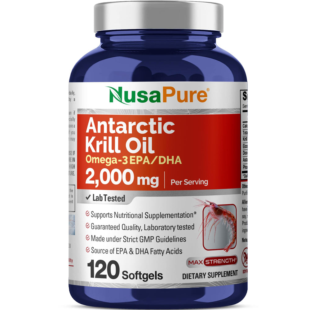 NusaPure Antarctic Krill Oil bottle close-up showing 120 softgels for convenience.