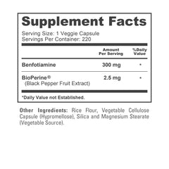 NusaPure Benfotiamine 300mg nutrition facts panel for clear daily dosage