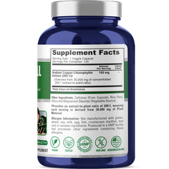 NusaPure Chlorophyll 200:1 extract capsules in bottle, vegan and non-GMO.