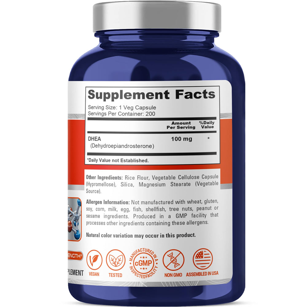 NusaPure DHEA capsules arranged for a 200-day supply