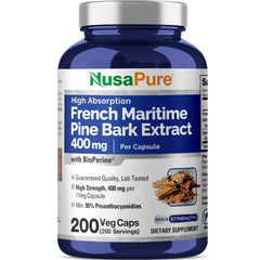 NusaPure Pine Bark Extract capsules bottle for daily wellness.