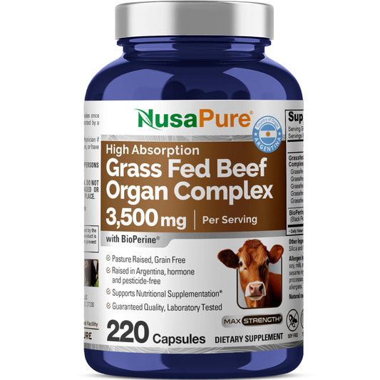 NusaPure Grass Fed Beef Organ Complex bottle for easy daily capsules