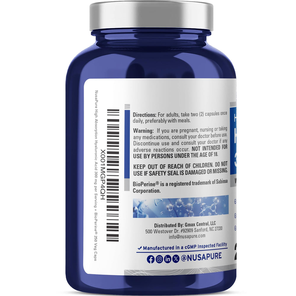 NusaPure Hyaluronic Acid bottle back label detailing serving size
