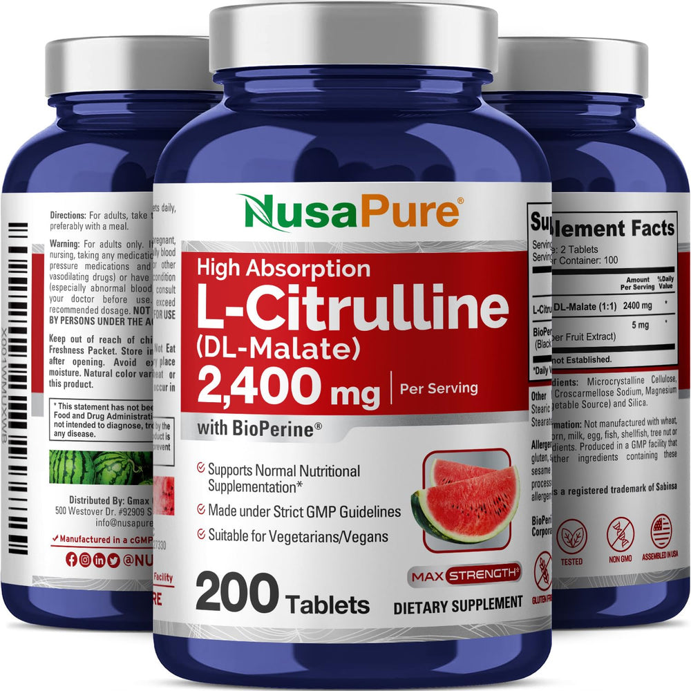 NusaPure L-Citrulline 2400mg bottle side panel with dosage and features.