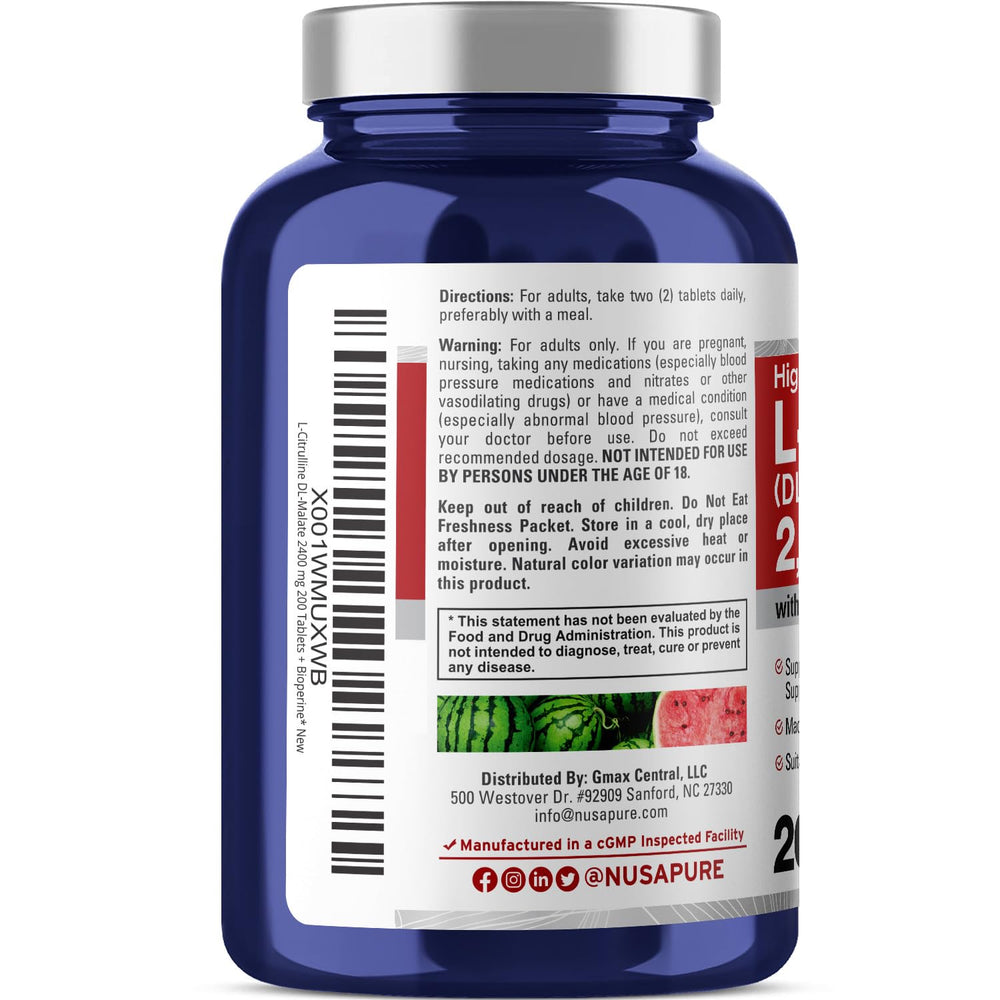 NusaPure L-Citrulline 2400mg label detail with Bioperine for absorption.