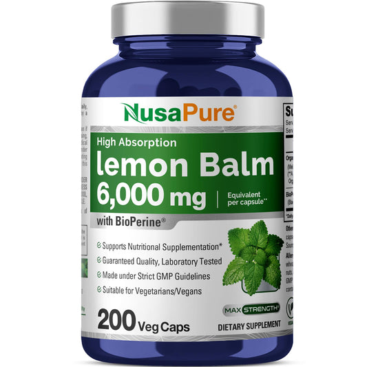 NusaPure lemon balm bottle showing vegan capsules and organic labeling