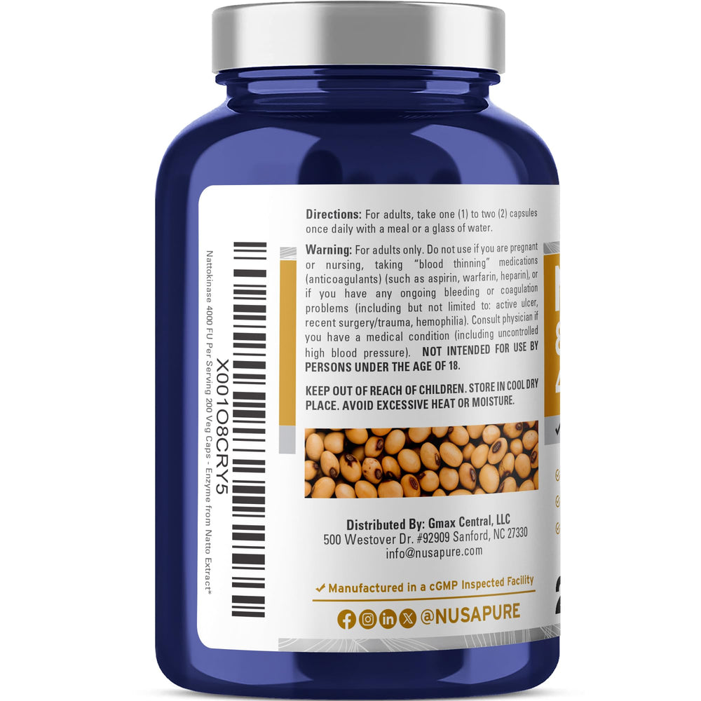 NusaPure nattokinase label detail highlighting vegan and non-GMO quality.