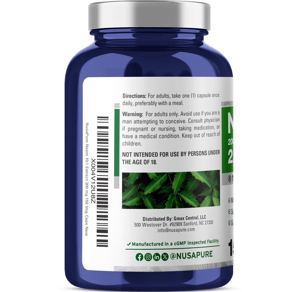Capsules pile of NusaPure Neem Leaf Extract indicating vegan, non-GMO formula.