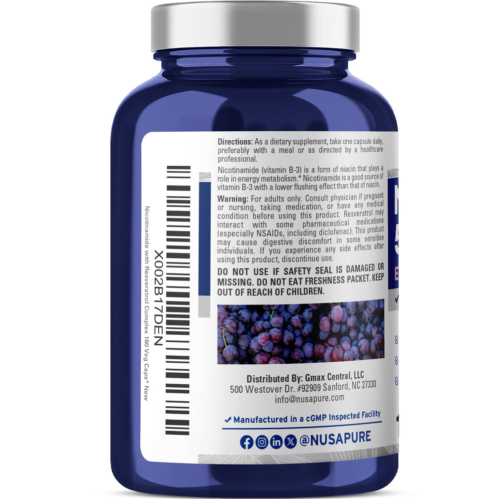 Back label view showing Trans-Resveratrol standardization on NusaPure bottle