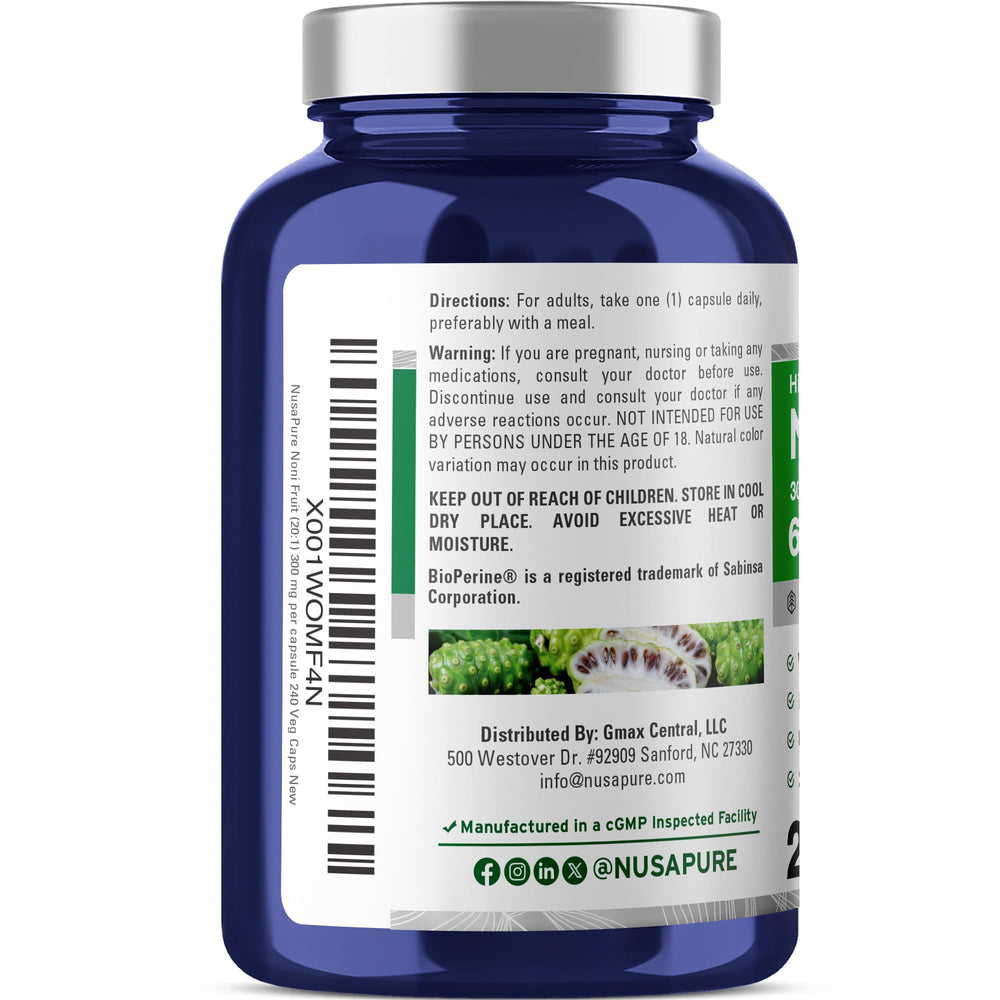 NusaPure Noni 20:1 extract label shows Bioperine for enhanced absorption.