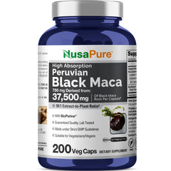 NusaPure Peruvian Black Maca 50:1 bottle showing high potency extract for daily vitality