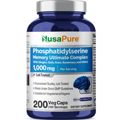 NusaPure Phosphatidylserine Memory Ultimate bottle close-up, highlighting vegan, non-GMO formula.