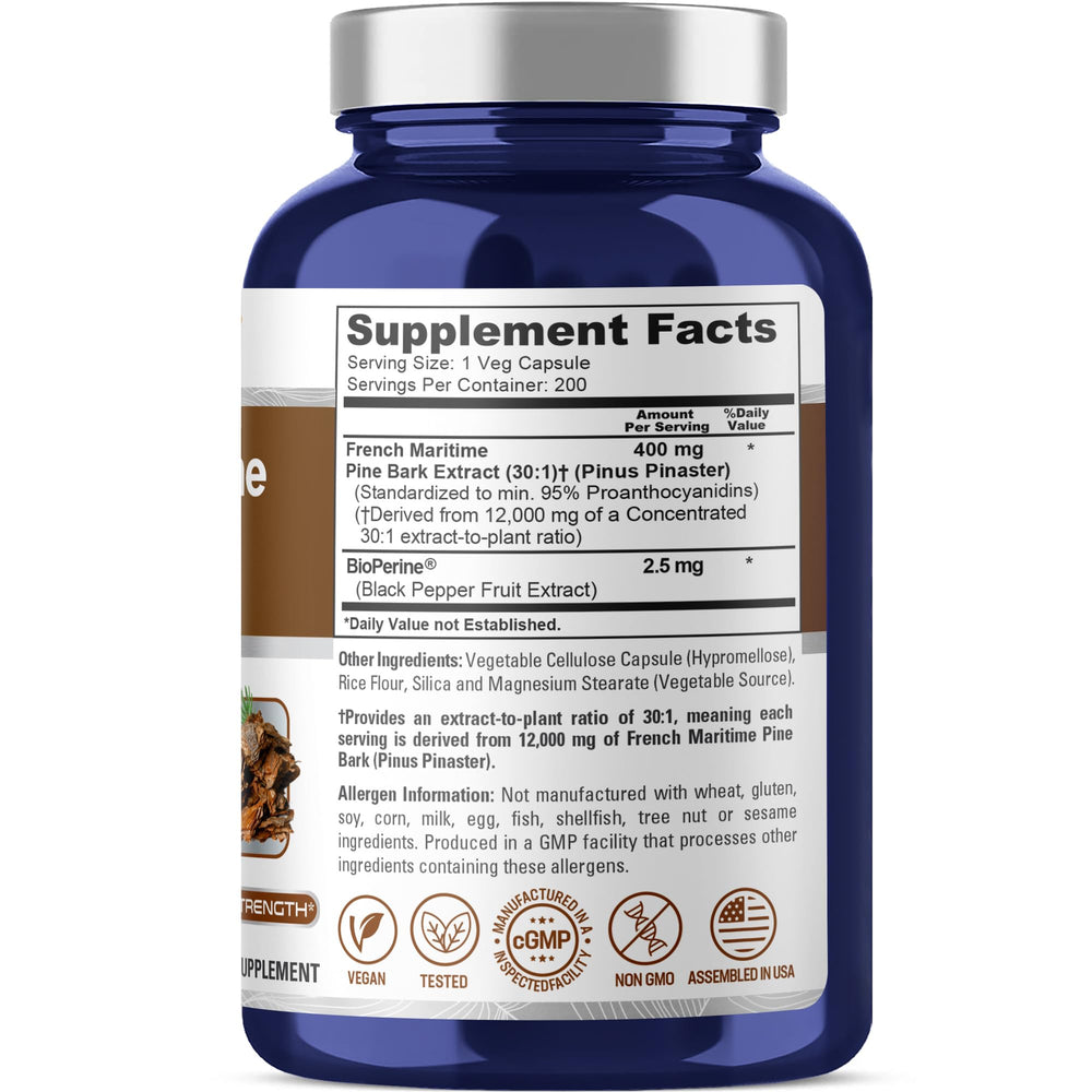 NusaPure pine bark capsules close-up; potent 30:1 extract for antioxidant support
