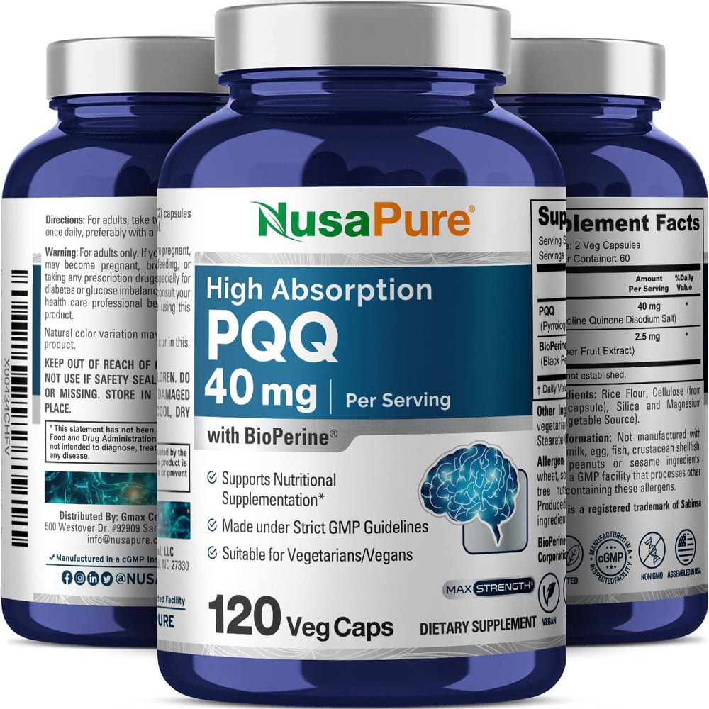 NusaPure PQQ vegan non-GMO seal on packaging for clarity.