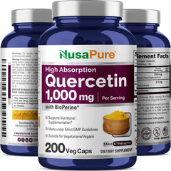 NusaPure Quercetin bottle shows 200 capsules per bottle for a 100-day supply