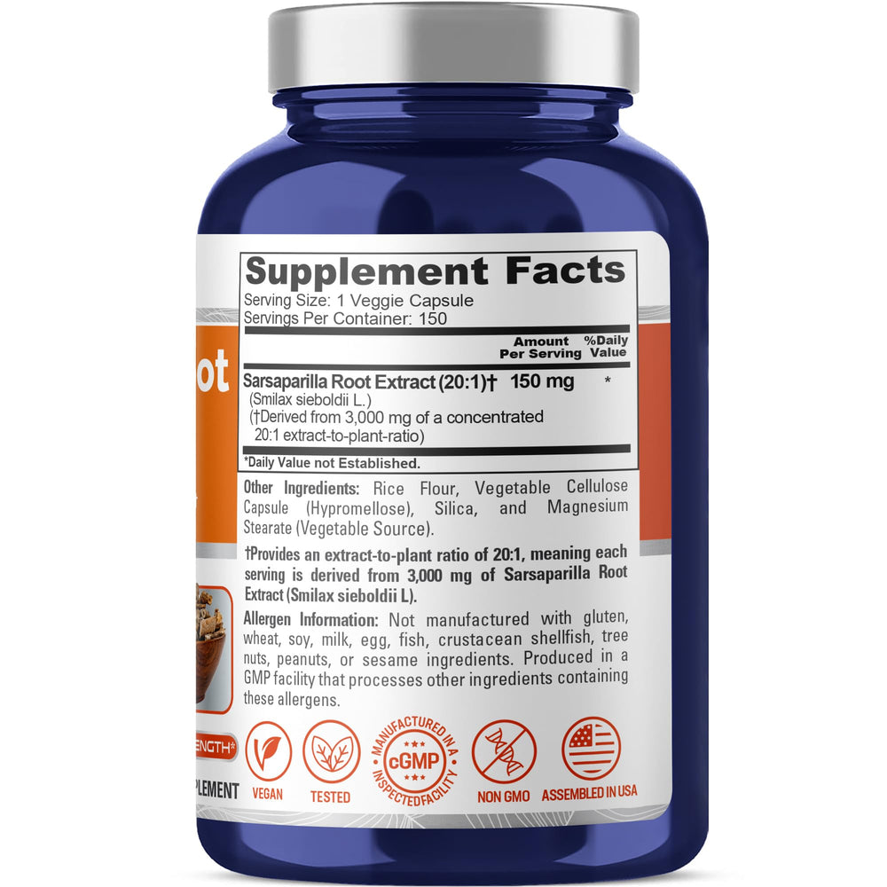 Close-up of NusaPure Sarsaparilla capsules designed for easy swallowing.