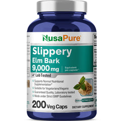 NusaPure slippery elm bottle highlights a 20:1 extract for potent daily support.