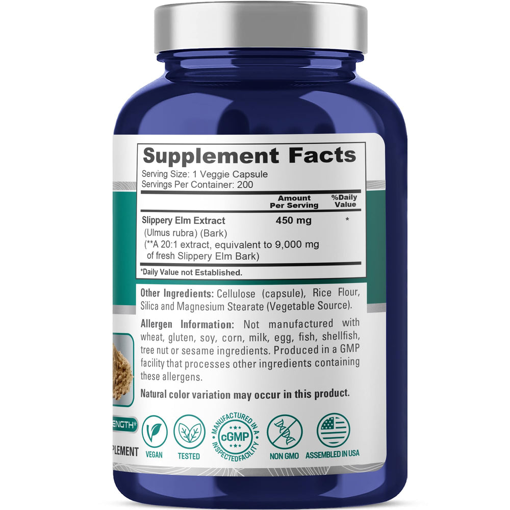 NusaPure slippery elm capsules in vegan 200-count bottle for daily routine.