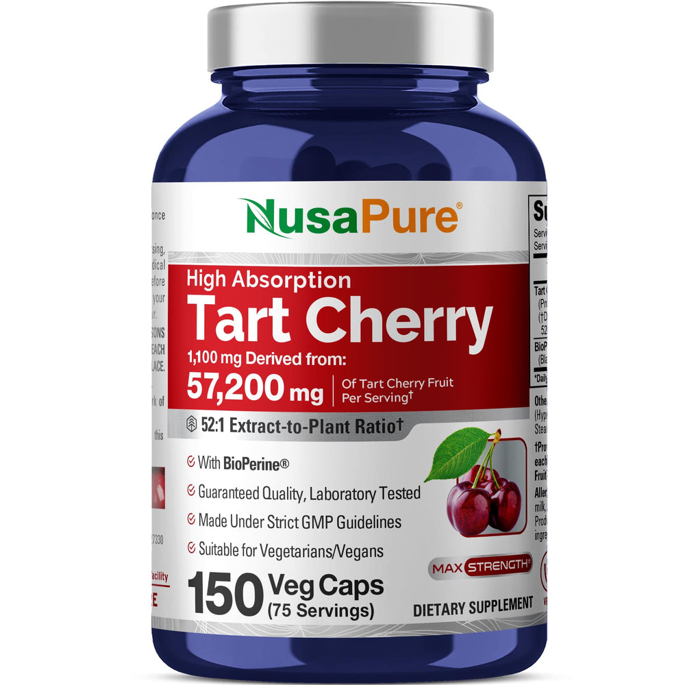 NusaPure Tart Cherry bottle close-up, convenient vegan supplement for daily use.
