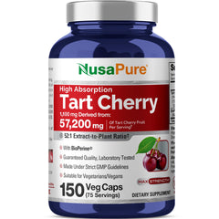 NusaPure Tart Cherry bottle close-up, convenient vegan supplement for daily use.