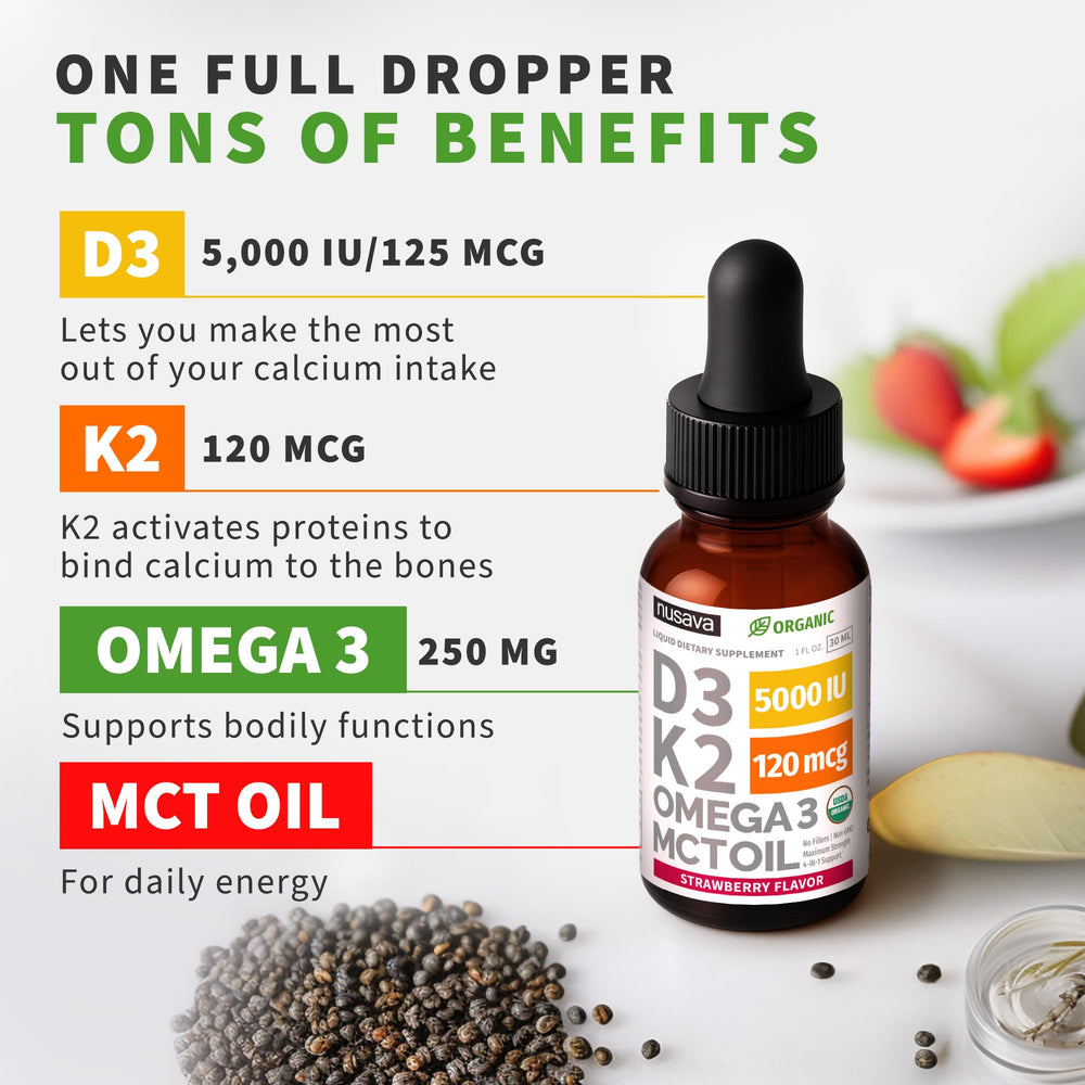 NUSAVA D3 K2 drops strawberry splash with bottle focus highlights omega-3-rich liquid