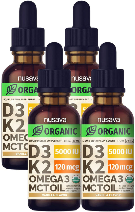 NUSAVA D3K2 drops bottle showing four-pack for immune support and bone health.