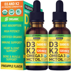 NUSAVA D3K2 pineapple bottle highlights convenient liquid drops for daily immune support.