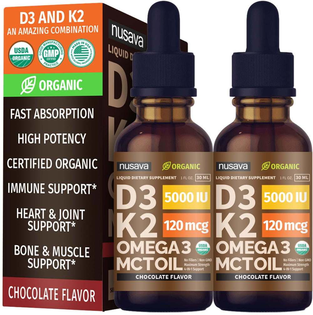 NUSAVA Vitamin D3 K2 Drops bottle with chocolate flavor for daily support
