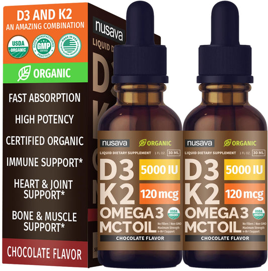 NUSAVA Vitamin D3 K2 Drops bottle with chocolate flavor for daily support
