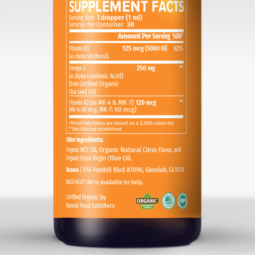 NUSAVA Vitamin D3 K2 Drops citrus flavor bottle enhances daily rituals.