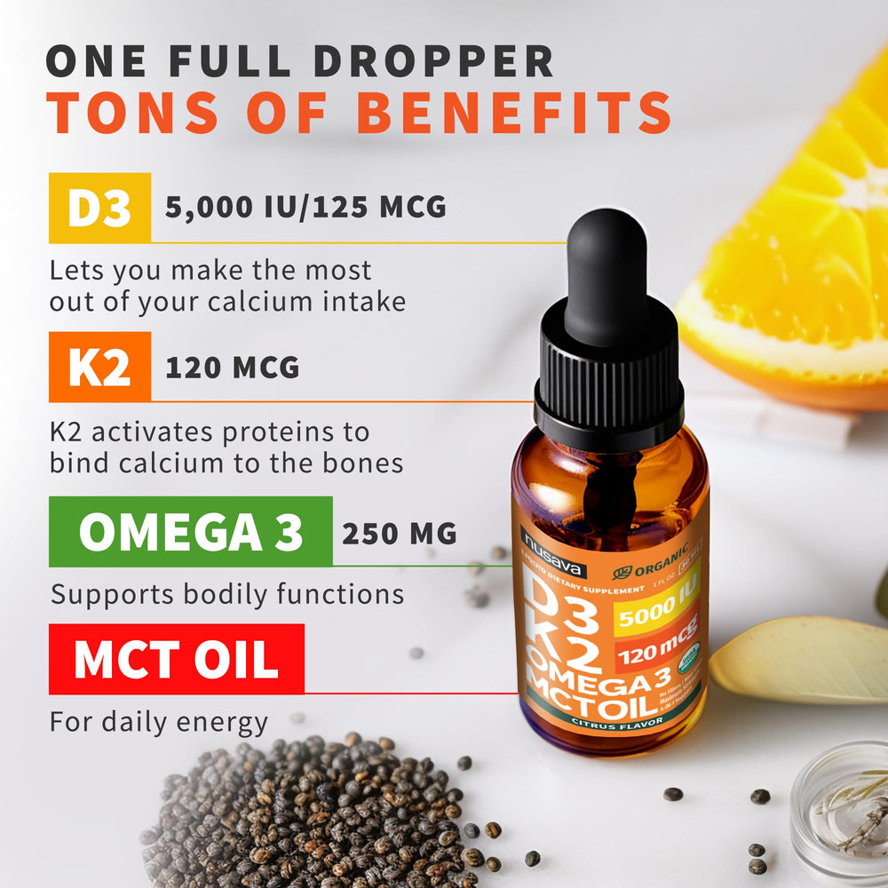 NUSAVA Vitamin D3 K2 Drops dropper emphasizes precise dosing and fast intake.