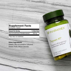 Nu Skin TeGreen 97 serving idea with glass highlighting wellness potential