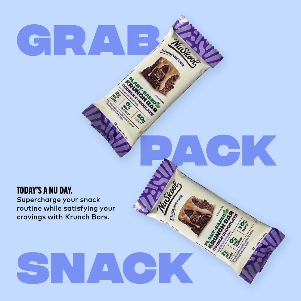 Gluten-free, vegan NuSkool Krunch Bar packaging highlighting plant-based protein