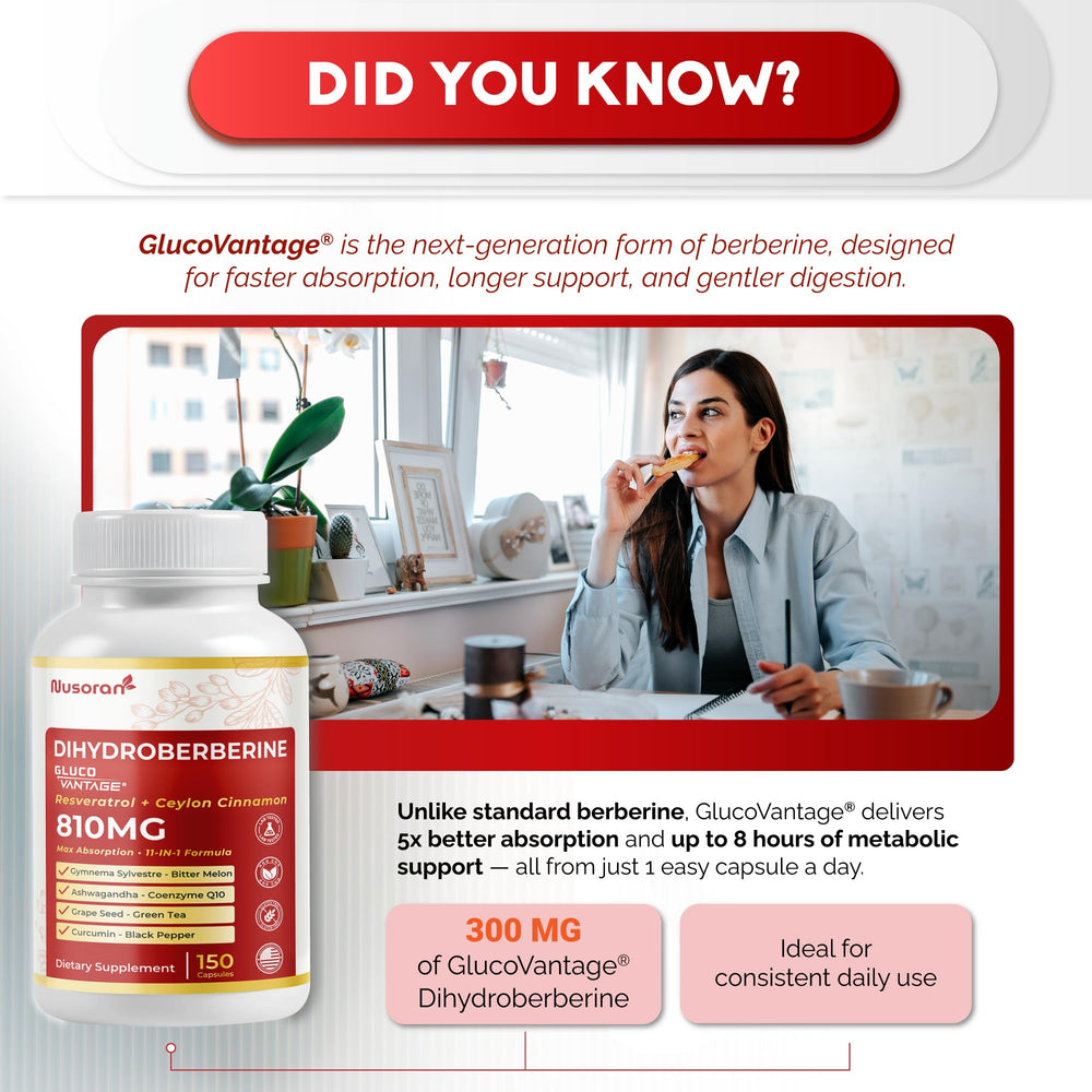 NUSORAN GlucoVantage label close-up highlights absorption features for better daily use.